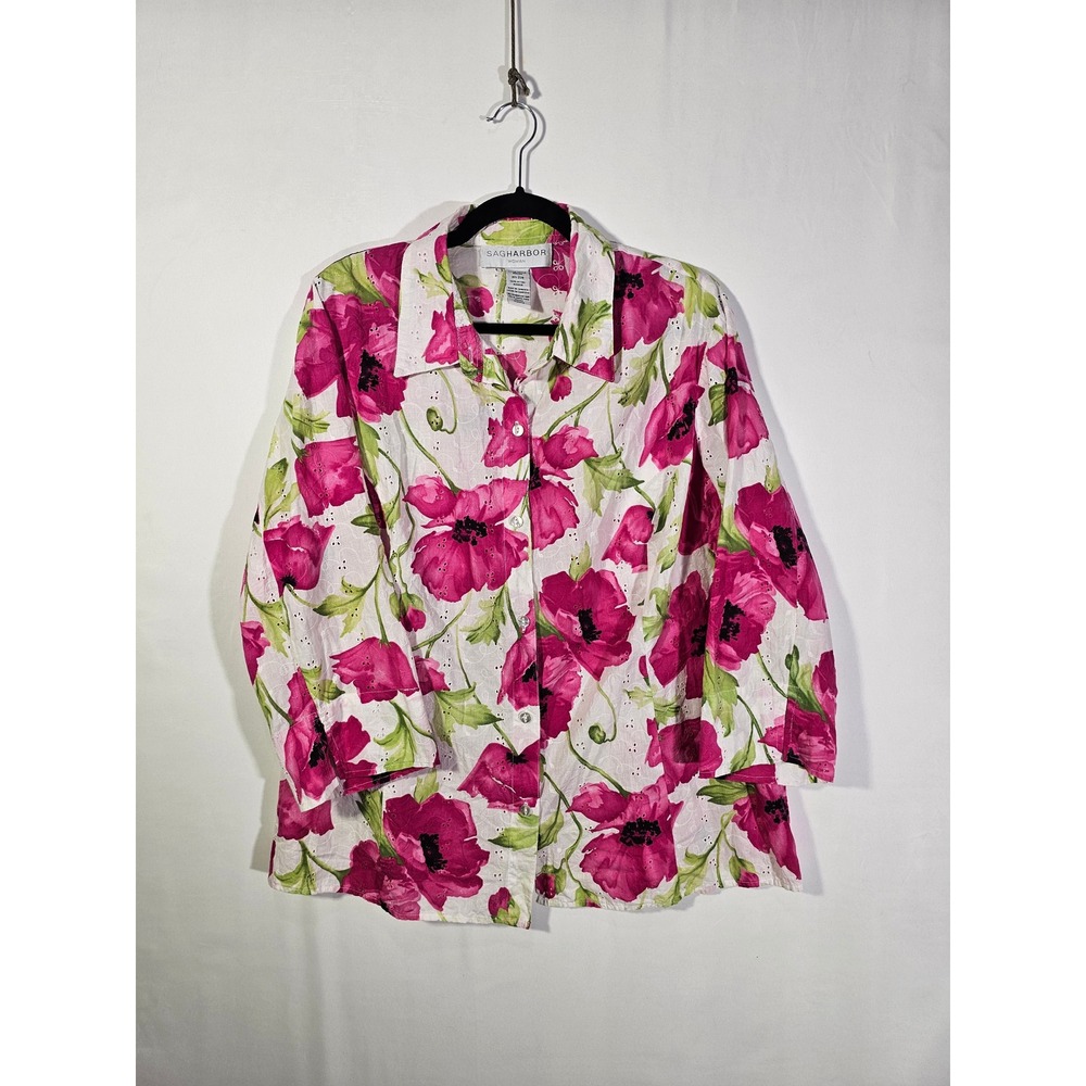Vintage Cottagcore Floral Eyelet Sag Harbor Button Down Shirt Womens 20W